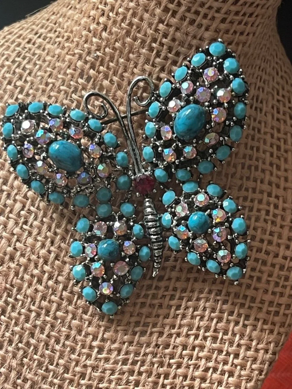 VTG Weiss Bejeweled Butterfly Brooch Turquoise Cabochons & Rhinestones 3.5